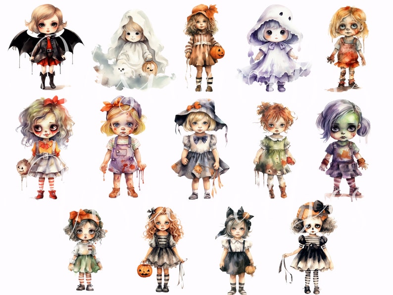 May include: A collection of 13 watercolour illustrations of cute girls dressed in Halloween costumes. The girls are wearing costumes such as a ghost, a witch, a zombie, a vampire, and a pumpkin. The illustrations are painted in a whimsical style with bright colours and details.