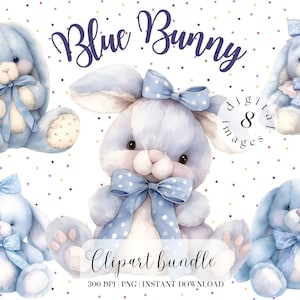 Blue Bunny clipartbundel baby konijn aquarel jongen kinderkamer digitale download vintage schattige paashaas badkamer clipart baby png-ontwerp