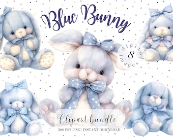 Pacchetto di clipart di coniglietto blu, coniglietto per bambini, acquerello, vivaio per bambini, download digitale, coniglietto pasquale carino vintage, clipart per il bagno, design PNG per bambini