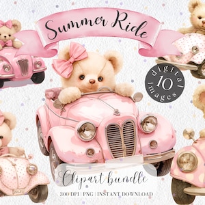 Teddy Bär in Vintage Auto Clipart Bundle Aquarell Bär rosa Kinderzimmer digitaler Download Vintage Teddy Bär Hochzeit Clipart