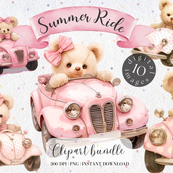 Teddy Bear in Vintage Car Clipart Bundle Watercolor Bear Pink Nursery Digital Download Vintage Teddy Bear Wedding Clipart