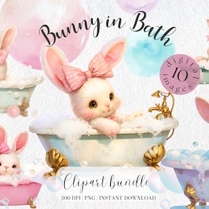 Osterhase in Vintage Bad Clipart Bundle Aquarell Kaninchen rosa Kinderzimmer digitaler Download niedlich Osterhase Clipart