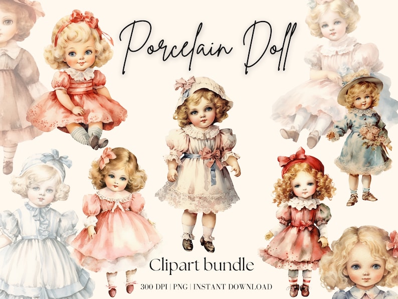 Vintage Porcelain Doll Clipart Bundle Watercolor Vintage Doll Etsy
