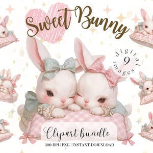 Süße Häschen auf Kissen Clipart Bundle Aquarell Kaninchen Rosa Kinderzimmer Digitaler Download Vintage Osterhase Bad Clipart Baby PNG