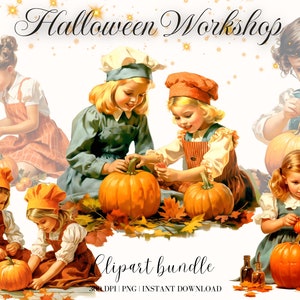 Halloween Pumpkin Workshop Retro Clipart Bundle Retro girl Clipart Halloween Clipart Pumpkin Digital Download Vintage Clipart Retro PNG