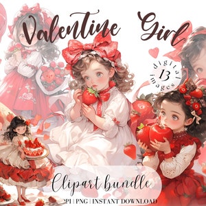 Valentinstag Clipart Bundle, süßes kleines Valentine Mädchen mit roten Herzen und Ballon, Junk Journal, Scrapbooking, Mädchen im roten Kleid, Vintage