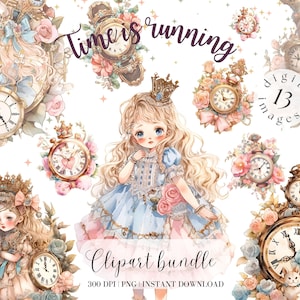 Vintage Uhr Kleines Mädchen im blauen Kleid Alice im Wunderland Cyte Girl Clipart Scrapbooking Vintage Floral Uhr Prinzessin Anime Digitalbild