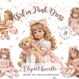 Bundle de cliparts petite fille avec un ours en peluche, robe rose, chaussettes à volants vintage mignonnes, kit de collage de cliparts pour chambre d'enfant, autocollants numériques PNG