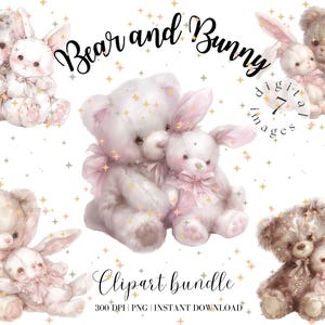Schattige teddy en konijntje clipartbundel witte beren digitaal beeld rommel dagboek papier ambachten liefde clipart Valentijnsdag kaart maken supply Bunny