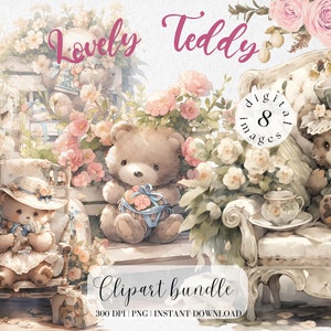 May include: A digital clipart bundle of eight images featuring adorable teddy bears dressed in vintage clothing and surrounded by delicate pink and white flowers. The bears are sitting on a bench, a chair, and a stool, and there are teacups and other charming details throughout the images.