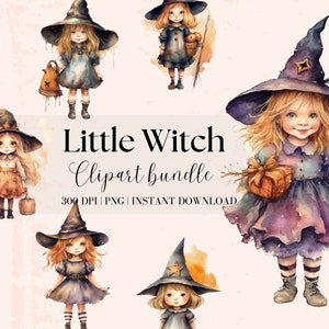Kleine Hexe, Clipart Bundle, Aquarell Hexe Clipart, Halloween Cliparts, Halloween Magie Clipart, Niedliche Hexe Png Bundle, Halloween Clipart