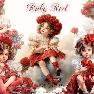 Ragazza vintage con rose rosse rubino Clipart Bundle Nuvole Clipart per bambini in abito rosso Ephemera Clipart Rose rosse Junk Journal Scrapbooking
