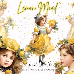 Vintage kleines Mädchen im gelben Kleid Clipart Bundle Aquarell Mädchen mit Zitronen Png Süßes Mädchen Aquarell Clipart Kinderzimmer Retro Junk Journal