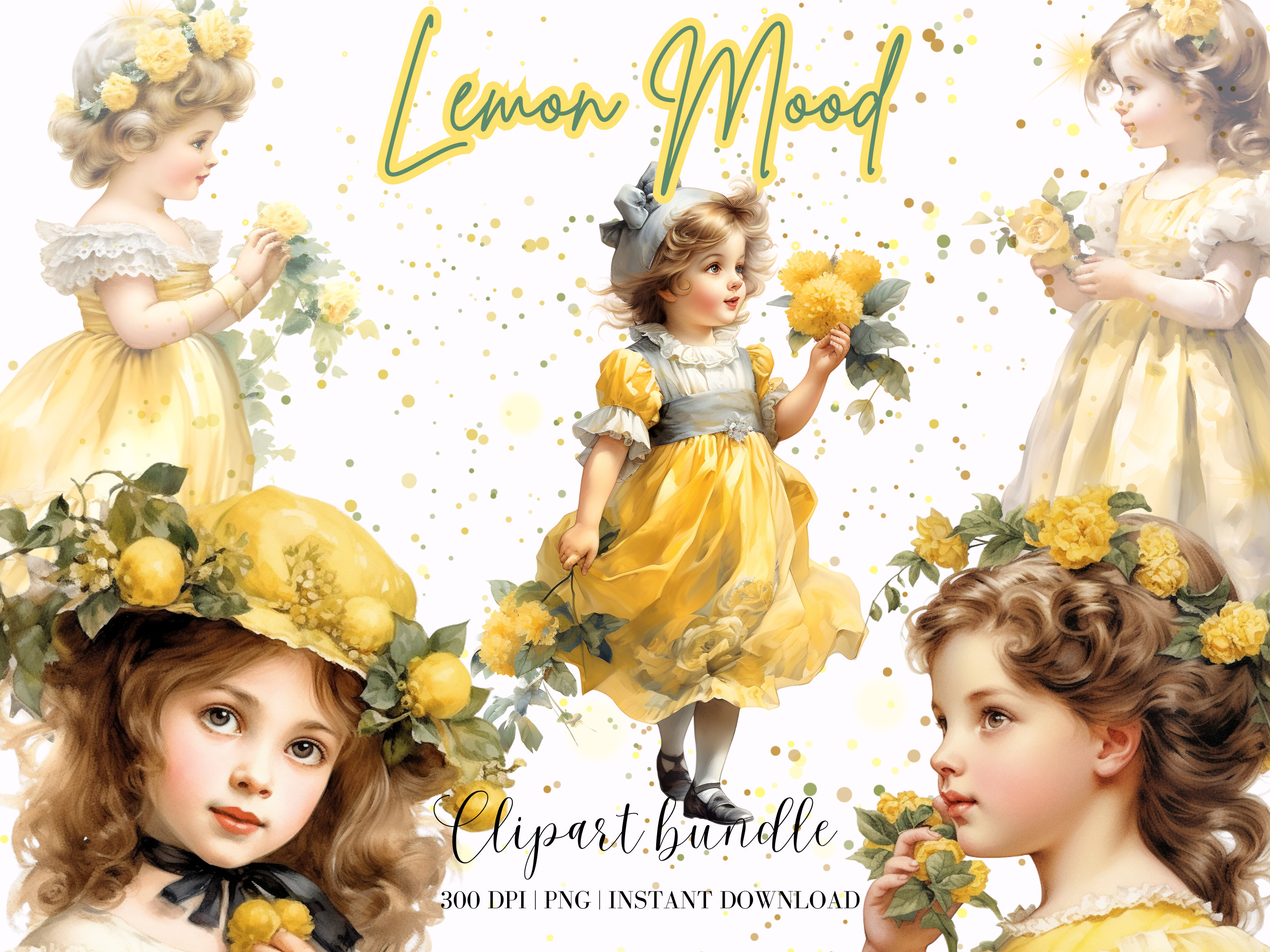 Vintage Little Girl in Yellow Dress Clipart Bundle Watercolor Etsy UK