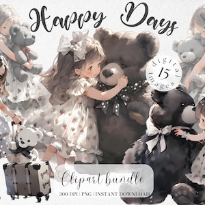 Bundle de cliparts petite fille avec ours en peluche robe à pois mignon vintage été Clipart fille chambre d'enfant Clipart collage Kit autocollants numériques
