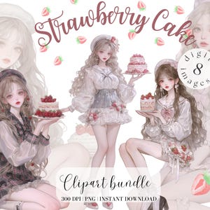 Girl and Strawberry Cake clipartbundel schattig meisje Full Body pastel meisje anime clipart aquarel illustratie digitale stickers PNG Sailor