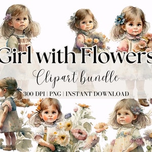Vintage Girl with Flowers Clipart Bundle  Vintage girl Digital Image Junk Journal Paper Crafts Sublimation Art Vintage Digital Download