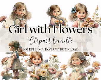 Vintage Girl with Flowers Clipart Bundle  Vintage girl Digital Image Junk Journal Paper Crafts Sublimation Art Vintage Digital Download