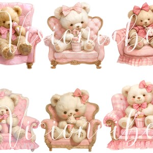 Teddy Bear with Ice cream Clipart Bundle Watercolor Bear in Chair Nursery Digital Download Vintage Teddy Bear Pink Ice Cream Clipart Bedroom zdjęcie 2