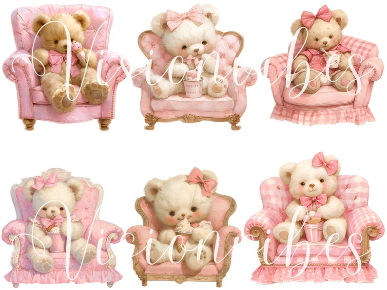 Teddy Bear with Ice cream Clipart Bundle Watercolor Bear in Chair Nursery Digital Download Vintage Teddy Bear Pink Ice Cream Clipart Bedroom imagem 2