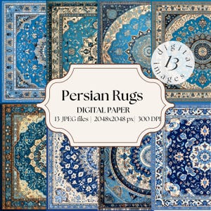 May include: A digital paper pack featuring 13 seamless patterns of Persian rugs in shades of blue, beige, and white. The patterns are intricate and detailed, with geometric designs and floral motifs. The text "Persian Rugs Digital Paper 13 JPEG files | 2048x2048 px | 300 DPI" is displayed on a white background.