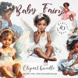 Bebê Fada Clipart Aquarela Clipart Pacote Pequena menina negra Fada Mágica Fada Aniversariante Fada Png Diário de Lixo Design de Berçário Bonito