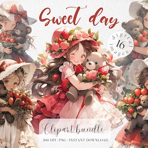 Bundle de cliparts petite fille avec un ours en peluche et des fraises, fille vintage Princesscore en robe rouge Kit de collage de journal indésirable pour scrapbooking