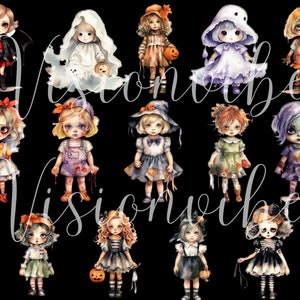 May include: A digital illustration featuring 12 Halloween-themed characters. The characters are all young girls, each with a unique costume and accessories. Some are dressed as witches, others as ghosts, and some as zombies. All the characters are smiling and appear happy.