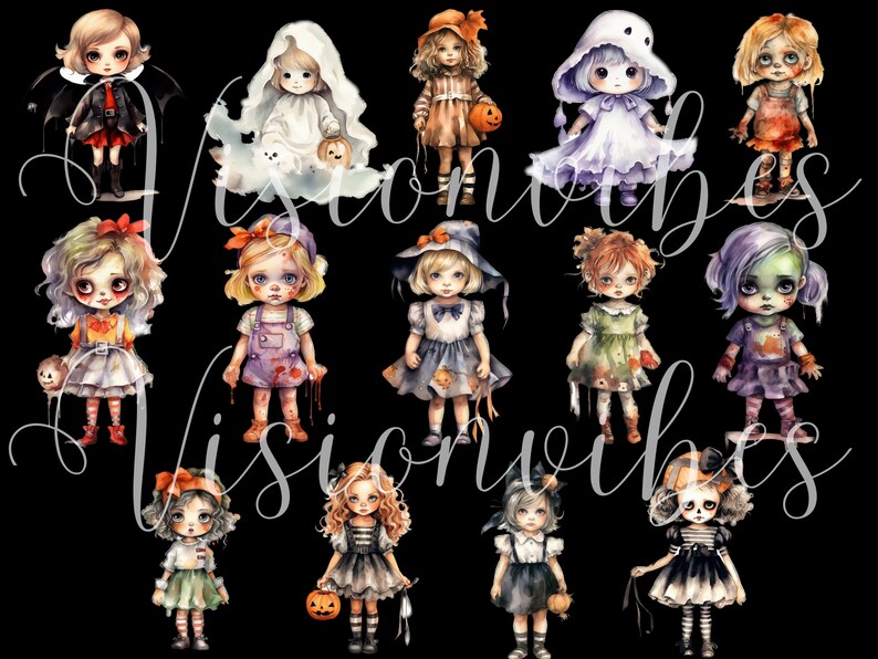 May include: A digital illustration featuring 12 Halloween-themed characters. The characters are all young girls, each with a unique costume and accessories. Some are dressed as witches, others as ghosts, and some as zombies. All the characters are smiling and appear happy.