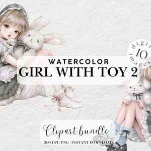 Menina com Teddy Clipart Pacote Menina fofa com brinquedo de pelúcia Pastel Girl Anime Clipart Ilustração em aquarela Adesivos digitais PNG Fofo