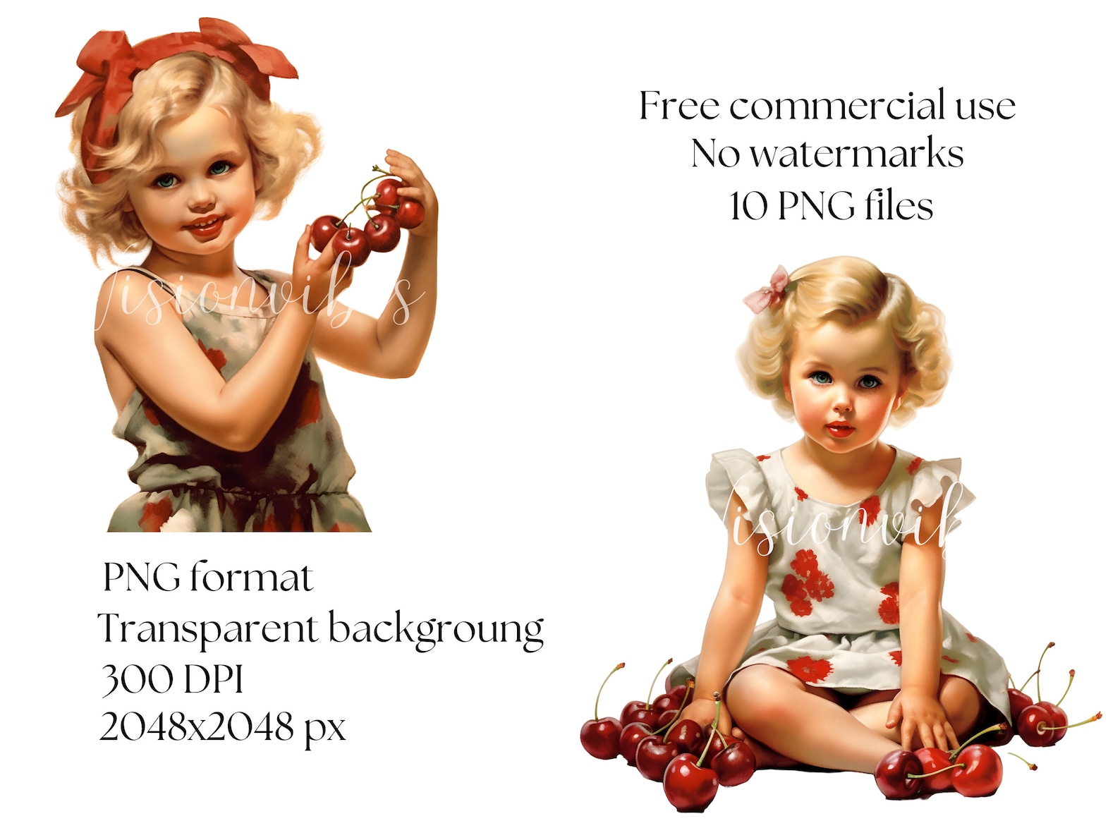 Retro Girl With Cherry Clipart Bundle Retro Girl Clipart Summer Clipart ...