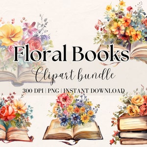 Watercolor Floral Books Clipart | Book Clip Art | Watercolor Book PNG | Vintage books clip art | Old books png | Book lover clipart