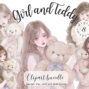 Romantisches Mädchen mit Teddy Bär Clipart Bundle süßes Mädchen mit langen Haaren Pastel Girl Anime Clipart Aquarell Illustration Digitale Aufkleber PNG