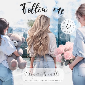 Ragazza in jeans da dietro, clipart ad acquerello, ragazza con capelli lunghi, bella ragazza di città, adesivi digitali, diario spazzatura, scrapbooking
