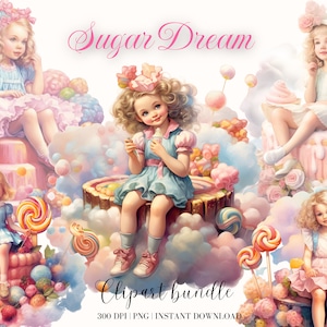 Retro Mädchen mit Süßigkeiten Aquarell Clipart Bundle Kleines Mädchen Regenbogen Lollipop Süß Baby Werbung Free Sommer Png Junk Journal Fashion Girl