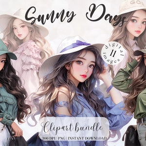 Linda chica asiática con ropa informal Paquete de imágenes prediseñadas Linda chica con sombrero Chica estilo anime Imágenes prediseñadas Ilustración sin publicidad Pegatinas digitales