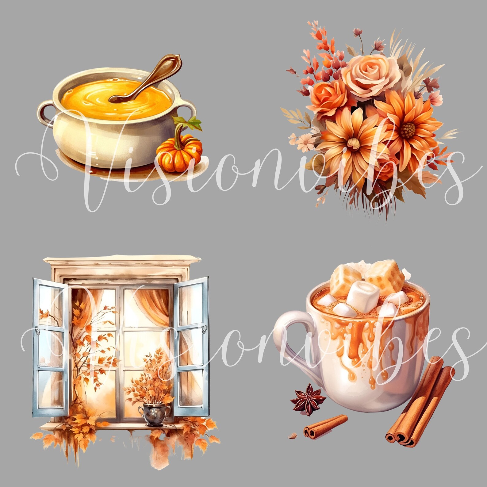 Fall Watercolor Clipart Bundle, Cozy Autumn PNG Images (digital ...