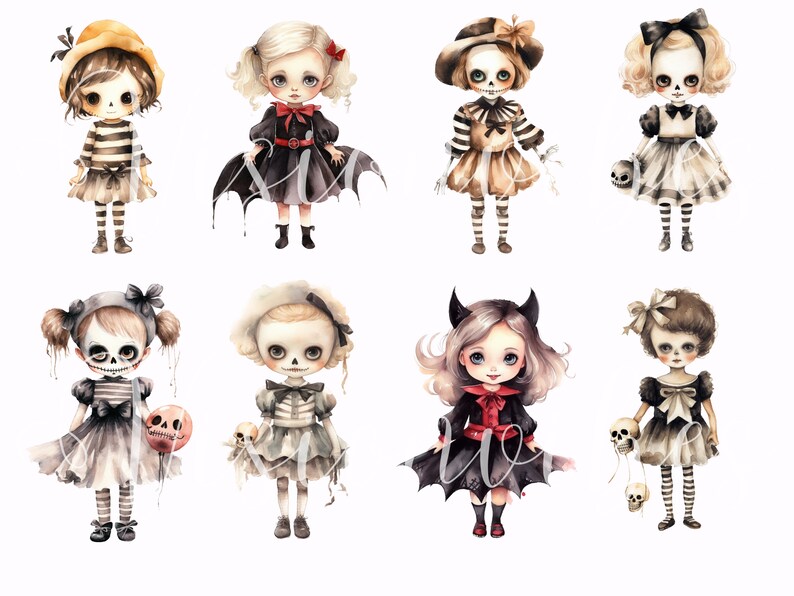 May include: Eight watercolour illustrations of cute skeleton girls dressed in various Halloween costumes. The girls are wearing striped stockings, dresses, and hats. Some are holding skulls.