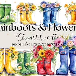 Botas de lluvia de acuarela y flores Clipart / Clipart de verano / Flores PNG / Descarga digital de flores / Diario basura / Scrapbooking /