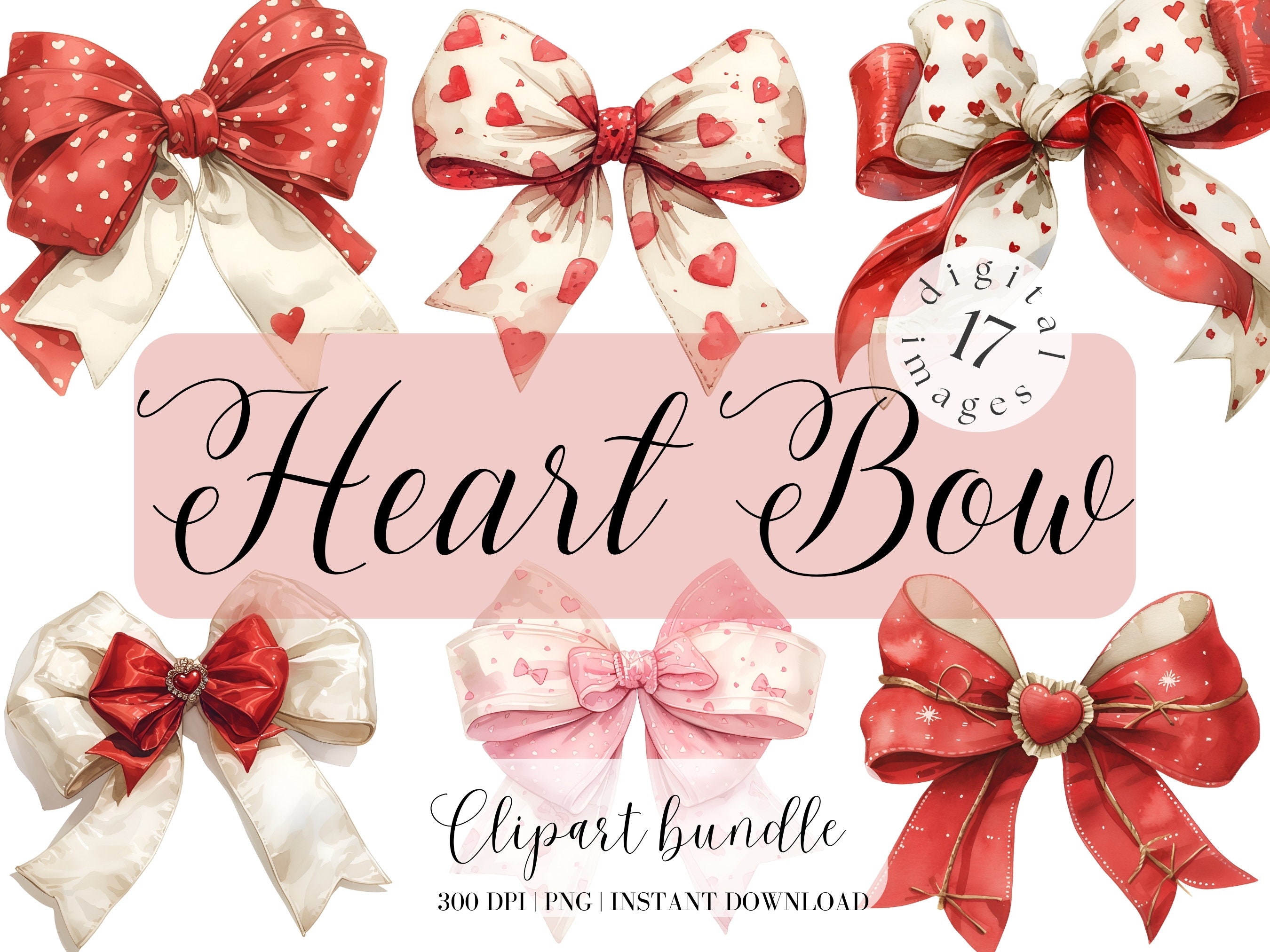 Ribbon Bow Red Heart Clipart Bundle Cute Ribbon Bow Watercolor Png ...