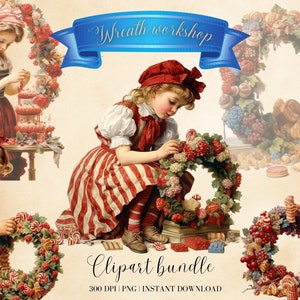 Victoriaans meisje en bloemen clipartset, vintage meisje, bloemendecoraties, bloemenkrans digitaal beeld, retro klein meisje, rozen png, zomer