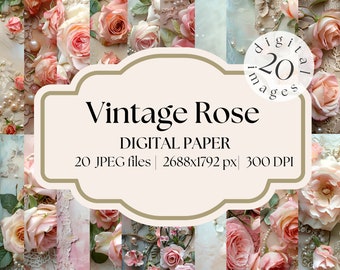 Printable Vintage Rose Digital Paper, Dreamy Digital Paper, Pastel Background, Rose Lace Backdrop, Download Junk Journal, Scrapbooking