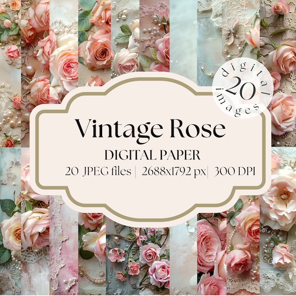 Printable Vintage Rose Digital Paper, Dreamy Digital Paper, Pastel Background, Rose Lace Backdrop, Download Junk Journal, Scrapbooking