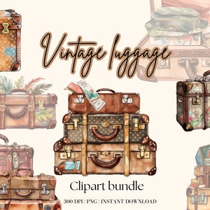 Pacote de clipart de bagagem vintage Clip Art de bagagem Clip Art de viagem Download digital de bagagem Vintage Luggage Png Clipart de aquarela Vintage Png