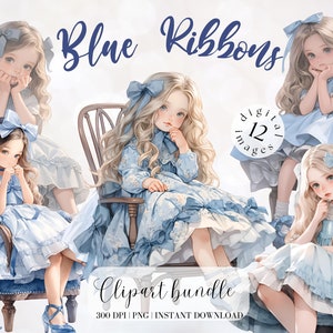 Vintage Mädchen sitzen Stuhl Clipart Blau Kleid Clip Art Aquarell Vintage Mädchen Clipart Clipart Aquarell süße kleine Mädchen Scrapbooking