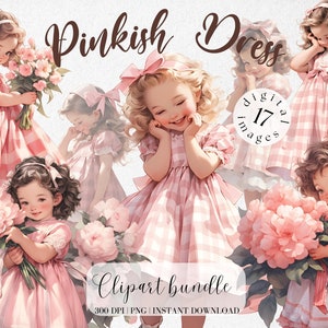 Bambina retrò in abito rosa Clipart Bundle Ragazza vintage in abito a quadri Clipart estiva Ragazza carina con peonie rosa