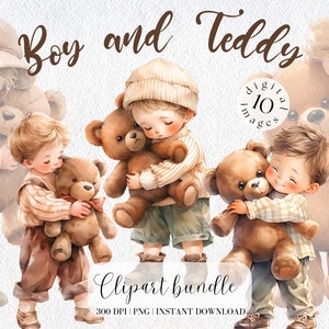 Menino com urso de pelúcia aquarela ilustração clipart pacote menino bonito png para fazer cartão menino bonito vintage e urso de pelúcia digital png