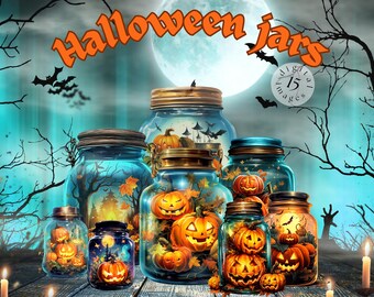 Halloween jar and pumpkins clipart bundle, Halloween sweets clipart, Spooky Illustration, Cute halloween character png, Watercolor clipart