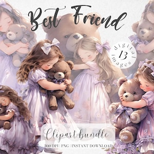 Petite fille avec ours en peluche robe violette Bundle Clipart mignon été vintage Clipart jolie fille chambre d'enfant Clipart Collage Kit Stickers numériques