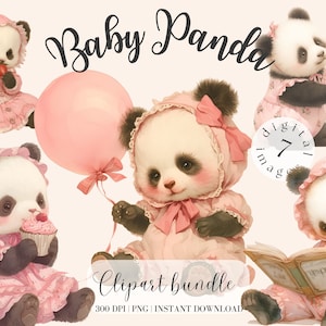 Paquete de imágenes prediseñadas de oso panda bebé Oso de acuarela en guardería rosa Descarga digital Oso vintage Panda rosa Lindo clipart Bebé Imagen digital PNG